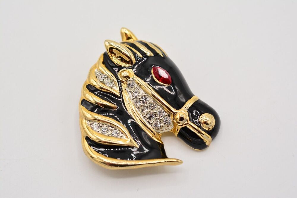 Vintage Horse Pin Brooch Red Rhinestone Crystal Black Gold Enamel 1980s BinAH